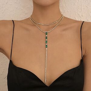 Lariat Gold Emerald Green Rhinestone Choker Necklace